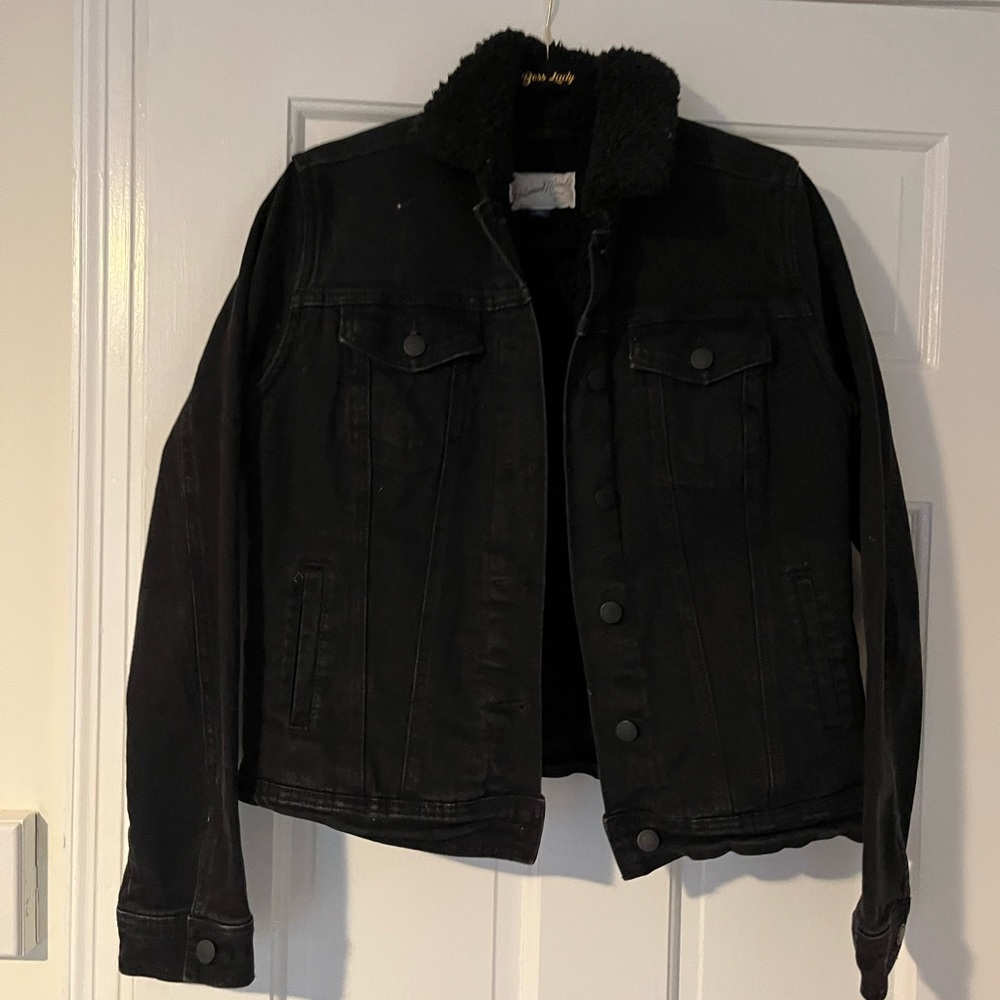 Black, distressed fleece lined denim jacket